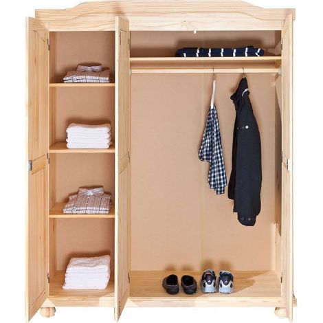 Dmora Armadio a tre ante battenti in pino massello, colore rovere, cm 150 x 180 x 56., con imballo rinforzato