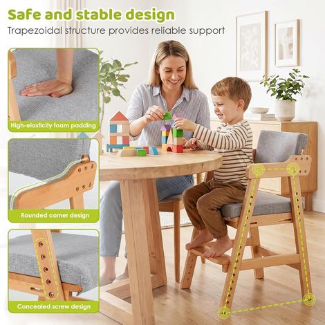 Chaise Enfant en Bois de Hêtre avec Coussin,Multifonction Chaise Haute Bébés,Support 120 kg,pour Enfants dès 3 Ans et Plus