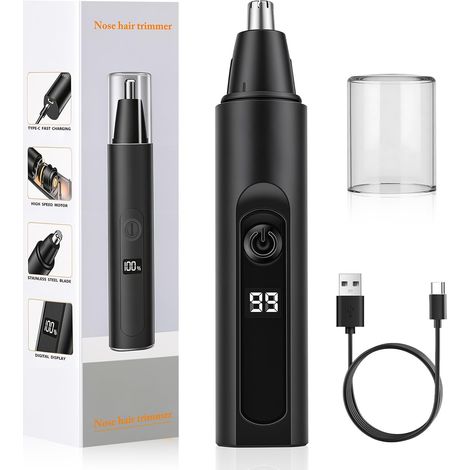 Men's Nose and Ear Trimmer, Nose and Ear Hair Trimmer, USB Rechargeable Electric Shaver, LED Screen, IPX4 Waterproof, Removable Accessories Easy to Clean, Black (1/5)