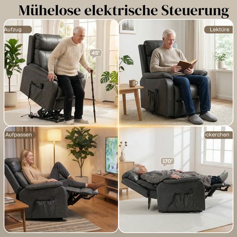 Fauteuil releveur inclinable électrique pour personnes âgées, similicuir noir double moteur, coussins plume (1/4)