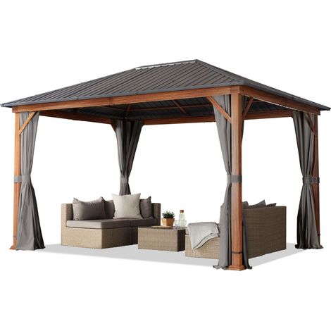 Garden gazebo 3x4 m wood finish, steel roof hardtop 4 side panels in grey (1/5)
