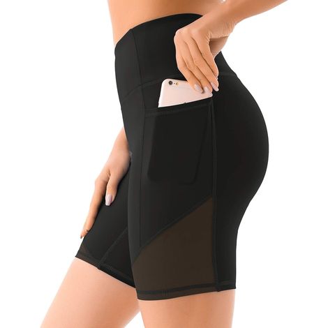 Short de yoga taille haute en maille pour femme avec poches profondes, short cycliste de sport pour femme (1/5)