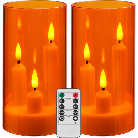 Bougies LED sans flamme - Lot de 2 - Support orange et 3 mèches - Télécommande et minuterie - Décoration mariage et maison - Hauteur standard (1/5)