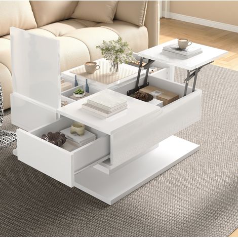 MEUBLIV Couchtisch 72×72×35 cm Weiß, höhenverstellbar, LED & Stauraum (1/5)