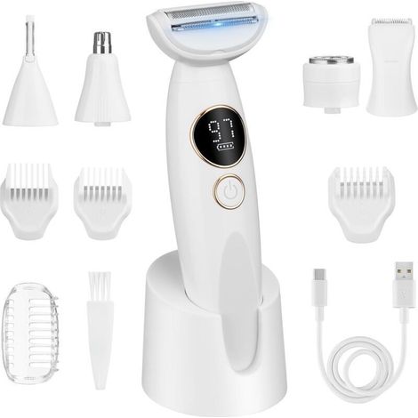 Rasoir électrique 5 en 1 pour femme, tondeuse bikini, étanche IPX7 avec station de charge USB pour le visage, le corps, les sourcils et le bikini (1/4)