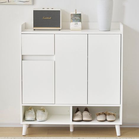 Meuble à chaussures d'entrée 90x35x99cm avec 1 tiroir 3 portes, buffet, commode, étagères réglables, aggloméré, blanc (1/5)