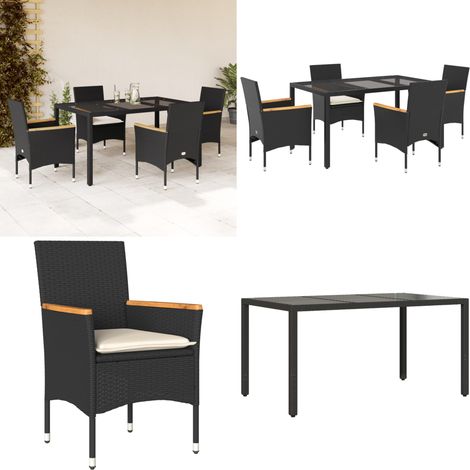 5-tlg. Garten-Essgruppe mit Kissen Schwarz Poly Rattan und Glas - Gartentisch - Gartenmöbel Set - Outdoor Möbel - Esstisch - Gartenstühle - Home & Living (1/5)