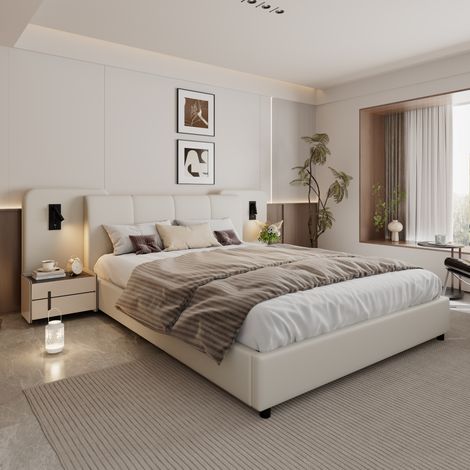 Upholstered bed, With charging port and lighting, 4ft6 double bed 135×190cm, Soft sponge headboard backrest, Anti-collision sponge filling, PU + Plywood, Beige