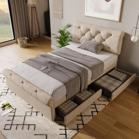 Lit simple 90x200cm Chesterfield naturel, tête de lit réglable, 2 tiroirs de rangement intégrés - (sans matelas) (1/5)