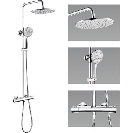 Ensemble de douche thermostatique, douche de tête de 25 cm + douchette à main 3 fonctions, verrouillage de sécurité à 38 °C pour éviter les brûlures, barre de douche réglable (1/5)