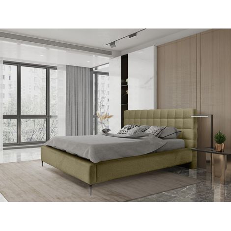 Bett MILLIO – Olive – 180x200 cm – Bouclé-Chenille-Stoff – Lattenrost inklusive – 5-Sterne-Hotelkomfort