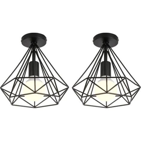 Lot de 2 Plafonnier Suspension Vintage Industrielle Lampe en Cage Métal pour Salon Chambre 25CM Noir (1/4)