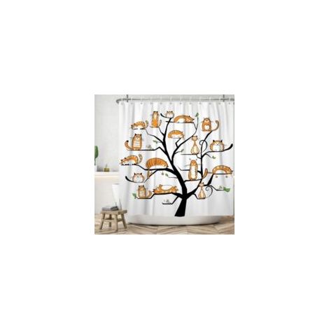 Rideau de douche motif arbre à chat, 150 x 180 cm, orange, adorable chaton, motif chat aquarelle amusant, lavable - Crezuo (1/4)