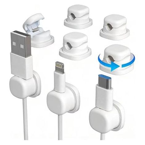 White Cable Clips Organizer, Cable Holders, Charger Holder, Bedside Table, Desk, USB, Audio Cable (1/5)