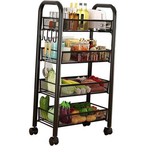 Chariot de rangement à roulettes, étagères de rangement à plusieurs niveaux, paniers à légumes et collations multifonctionnels et mobiles, étagères de cuisine noires à quatre niveaux (1/5)