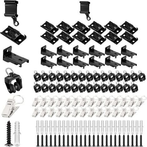 Accessoires pour Rail Rideaux Plafond, Rouleaux de Rail, Caches d'Extrémité, Crochets de Rideaux Metal, Supports de Montage pour Rails à Rideaux, Noir (1/4)