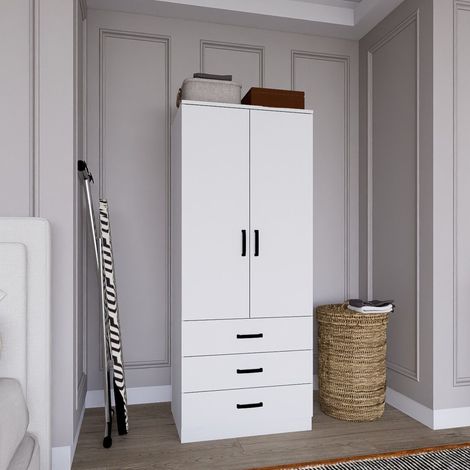 Guardaroba 2 Ante Sondrio, Armadio Camera da Letto Appendiabiti, 3 Cassetti, Apertura Battente, Scorrevole, 60x175h cm Bianco (1/5)