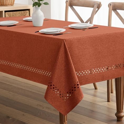 Nappe Terrakotta aspect lin 140x240cm Rectangulaire avec ourlet à jour