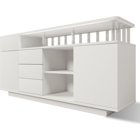Buffet 160x40x75 cm blanc avec éclairage LED, 4 tiroirs et 2 portes, commode en bois avec étagères réglables (1/5)