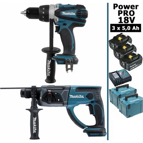 Pack Makita Power PRO 18V: Perceuse 91Nm DDF458 + Perforateur 2J DHR202 + 3 batt 5Ah + 2 Coffrets Makpac MAKITA (1/5)