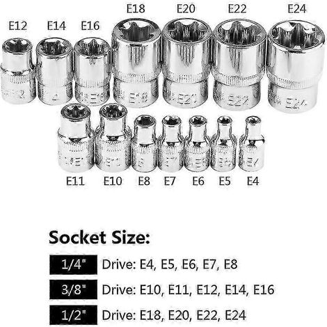 Jeu de 14 douilles Torx femelles 1/2", 3/8" et 1/4", entraînement E4 à E24, jeu de douilles dynamométriques, outils de réparation à main