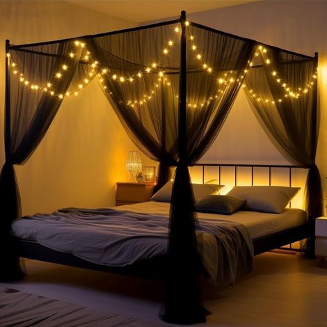 Baldaquin de Lit Moustiquaire Noir avec Guirlande Lumineuse LED Étoiles, Quatre Coins, Élégant – 190×210×240 cm.