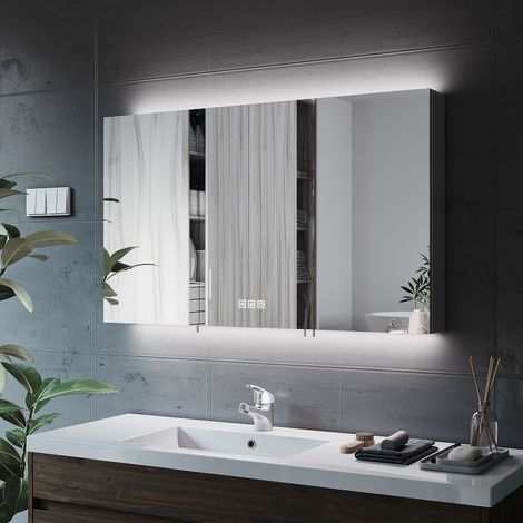 1000x600x130mm Illuminated LED Bathroom Mirror Cabinet with Shaver Socket, Demister Pad + 3 Lighting Modes Dimmable LED Illumiated, NMC07