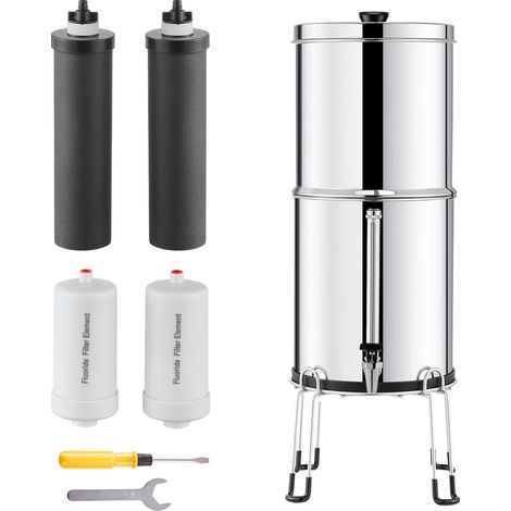 Système de filtration d'eau gravitaire 2,25G en acier inoxydable 304, réduit plomb et 99% chlore, avec 2 filtres charbon actif, 2 filtres défluoruration, robinet inclus. (1/5)
