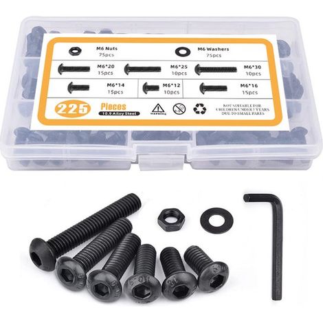 Caja surtida - Tornillos - 225 piezas Tornillos hexagonales internos de cabeza redonda, tornillos de cabeza de disco M6, tuercas planas mate con caja (1/2)