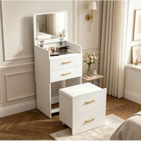 Toeletta 3 in 1 in MDF bianco con specchio ribaltabile, piano in vetro e sgabello OKWISH (1/5)