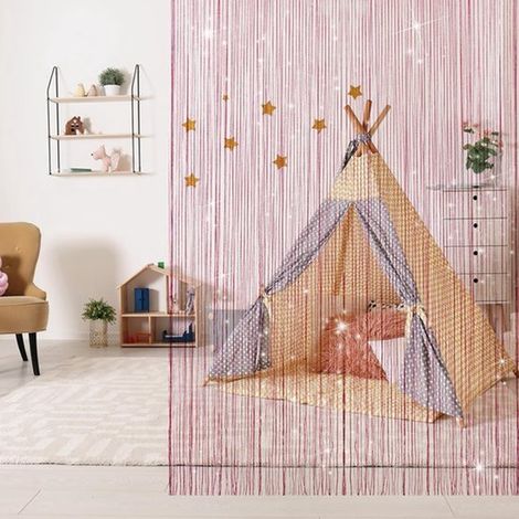 Tenda a rullo per porte e finestre, 200x100 cm, con perline e nappe, colore viola e rosso. (1/5)