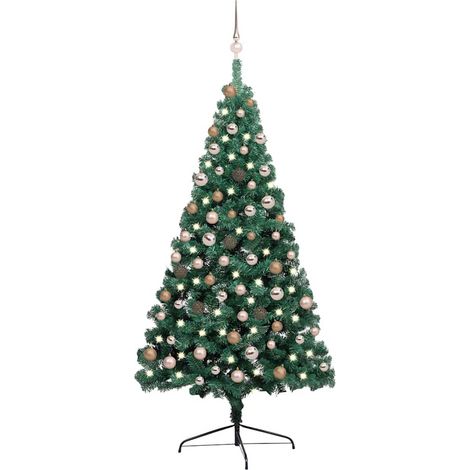 Medio árbol de Navidad con luces y bolas verde 180 cm