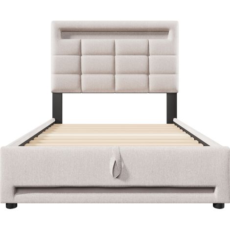 Lit rembourré 90200cm, télécommande via application, avec éclairage LED, rangement hydraulique, sans matelas, avec prise USB, lin, beige (1/5)