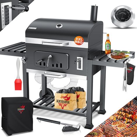 KESSER® Grillwagen BBQ Smoker XXL Holzkohlegrill mit Deckel, Rädern, Edelstahl-Griff, Thermometer, Grillrost, Bürste, Abdeckhaube, 8 Spieße mit Tasche & Silikon-Pinsel, Standgrill, Kohlegrillwagen