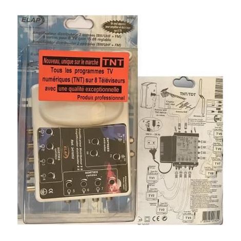AMPLIFICATEUR DISTRIBUTEUR 2 ENTREES (BILL/UHF+FM) 8 SORTIES POUR 8 TV GAIN 15 DB REGLABLE REF341052 ELAP HDME