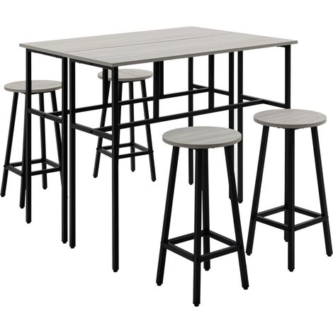 Ensemble Bar 6 pièces avec 2 tables rectangulaires en contreplaqué et acier, 4 tabourets de bar gris et noir (1/5)