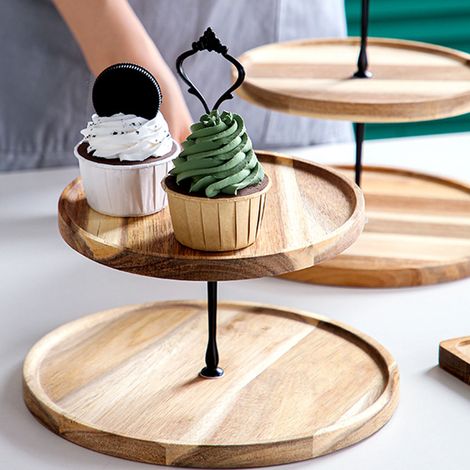 Présentoir à desserts en bois, écologique et vintage, pour gâteaux, fruits et autres gourmandises. Plateau à desserts, gâteaux et autres douceurs, noir, à deux niveaux, petit modèle. (1/5)