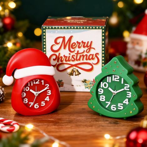Lot de 2 réveils de Noël – Horloge de table en forme de chapeau de Père Noël et arbre de Noël, silencieux, sans tic-tac, fonctionne à piles, pour chambre d'enfant, salon ou décoration (1/5)