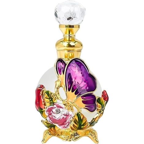 Bouteille de parfum épaisse, flacon distributeur d'huile essentielle de style Dubaï vintage antique papillon vide rechargeable (violet) (1/5)