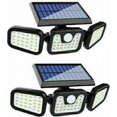 Lot de 2 lampes solaires d'extérieur à détecteur de mouvement, 650 lm, 74 LED, 3 têtes réglables, grand angle d'éclairage de 270°, spots muraux solaires étanches IP65 (1/4)