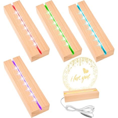 4 Pièces de socle LED, socle en bois de 15 cm, 7 couleurs, d'éclairage avec interrupteur USB, couleur réglable, base d'affichage pour blocs de verre, cristaux, verre, résine, [Classe énergétique G] (1/5)