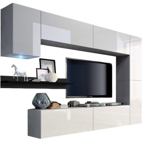 Conjunto de muebles de salón blancos suspendidos colección CEPTO VI 256 cm, 7 puertas, estantería mural negra, LEDs, modulables.