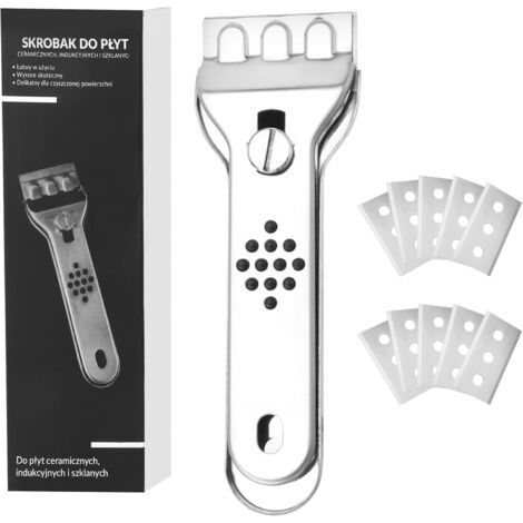 Grattoir en Acier Inoxydable, Grattoir Plaque Vitrocéramique avec 10 Lames de Rechange,Induction Racloir Vitrocéramique Grattoir Verre pour Plaque à Induction,Fenêtres,Carreaux,Vitres,Mir (1/5)