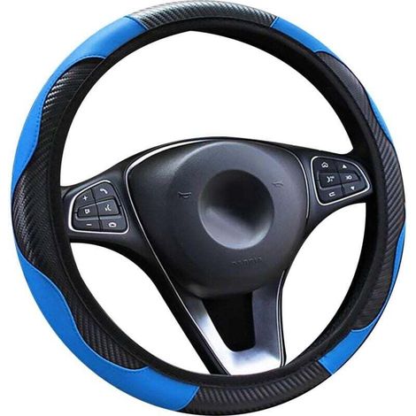 Housse de volant de voiture en cuir, bande élastique de sport en fibre de carbone respirante antidérapante sans bague intérieure Housse de volant Ajustement universel 37-39 cm/14,5-15 pouces (Bleu) (1/4)