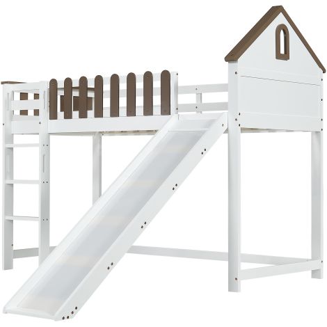 Lit mezzanine maison 90x200cm pin, échelle 3 marches et toboggan
