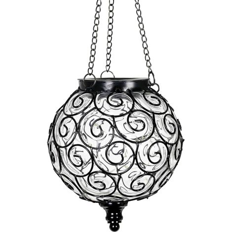 Solar Outdoor Garden Hanging Lantern Lights,  Round Glass and Metal Hanging Lantern,  15 LED Fire Leaf Lights,  7 x 20 inches,  Clear (1/5)