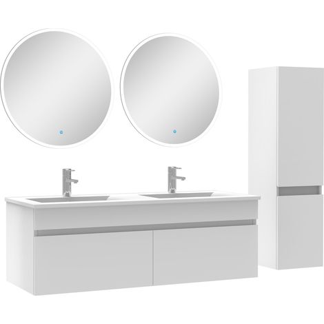 Ensemble Salle De Bain double vasque avec colonne et miroir rond 120cm meuble blanc (1/5)
