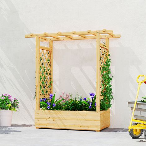Jardinière Surélevée Bois Naturel - 110x44x113cm - Treillis Latéral+Supérieur + Trou Drainage (1/5)