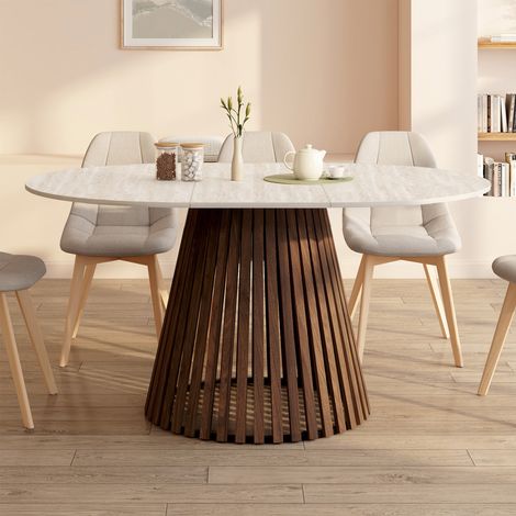 CARMEN mesa de comedor redonda extensible 4-8 personas con patas de listones de nogal y tablero efecto travertino 110 - 150 cm