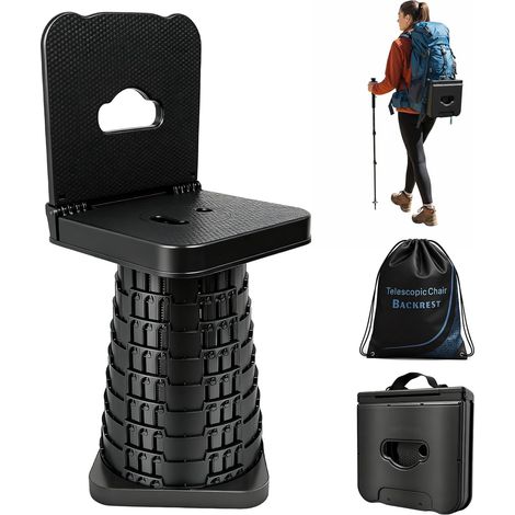 Verbesserter tragbarer Klapphocker mit Rückenlehne, faltbarer Teleskopsitz für Erwachsene - Ideal für Camping, Angeln, Wandern und Grillen, Höhe 45 cm (Hocker mit Rückenlehne)